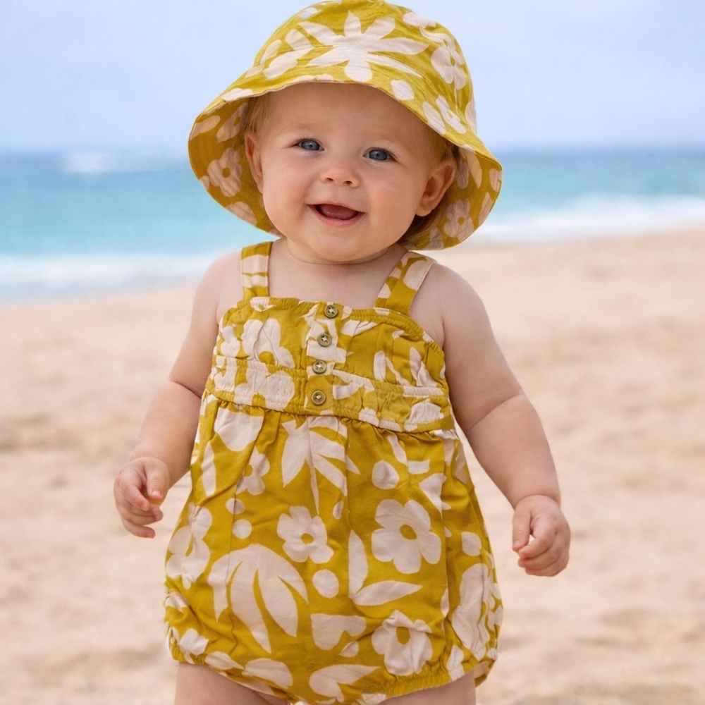 Volcom Baby Beach Linen Romper & Bucket Hat Set 6/9 Months NWT!